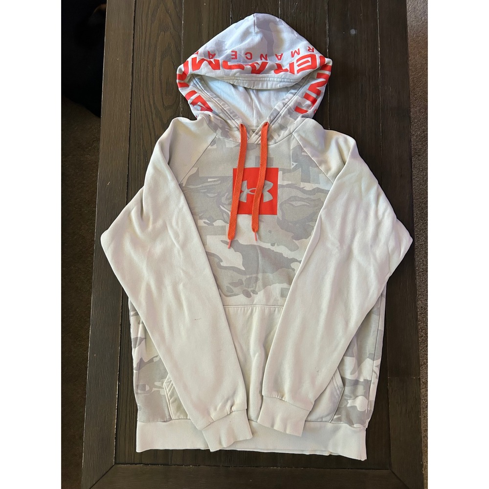 Under Armour Mens Camo Hoodie Orange Logo White Grey Pullover Small Loose Fit